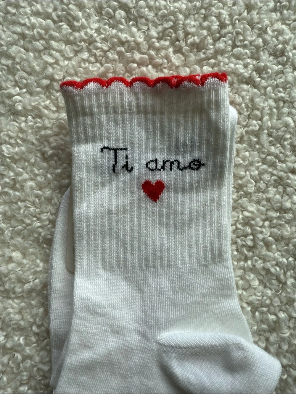 White 'Ti amo' Crew Socks with Red Heart Accent